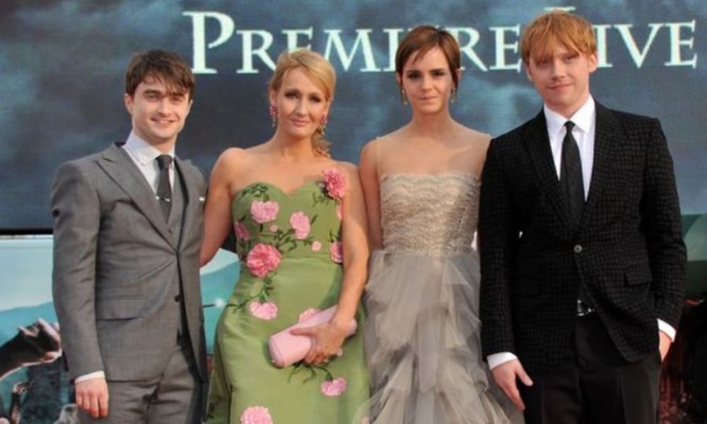 Daniel Radcliffe, J. K. Rowling, Emma Watson y Rupert Grint
