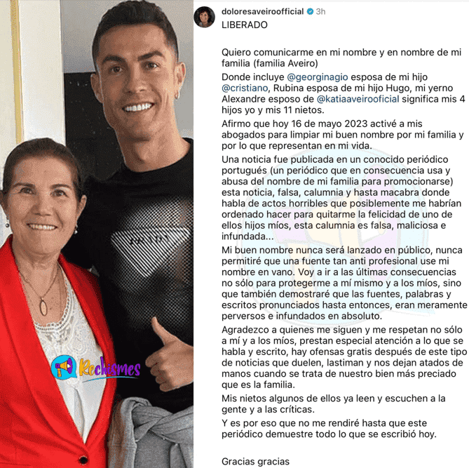 Dolores Aveiro y Cristiano Ronaldo (Imagen tomada de Instagram: @doloresaveirooficial).