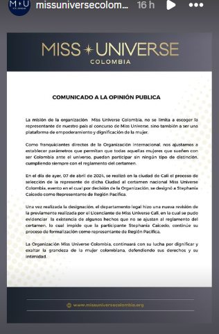 Comunicado Miss Universe Colombia (Imagen tomada de IG Miss Universe Colombia)
